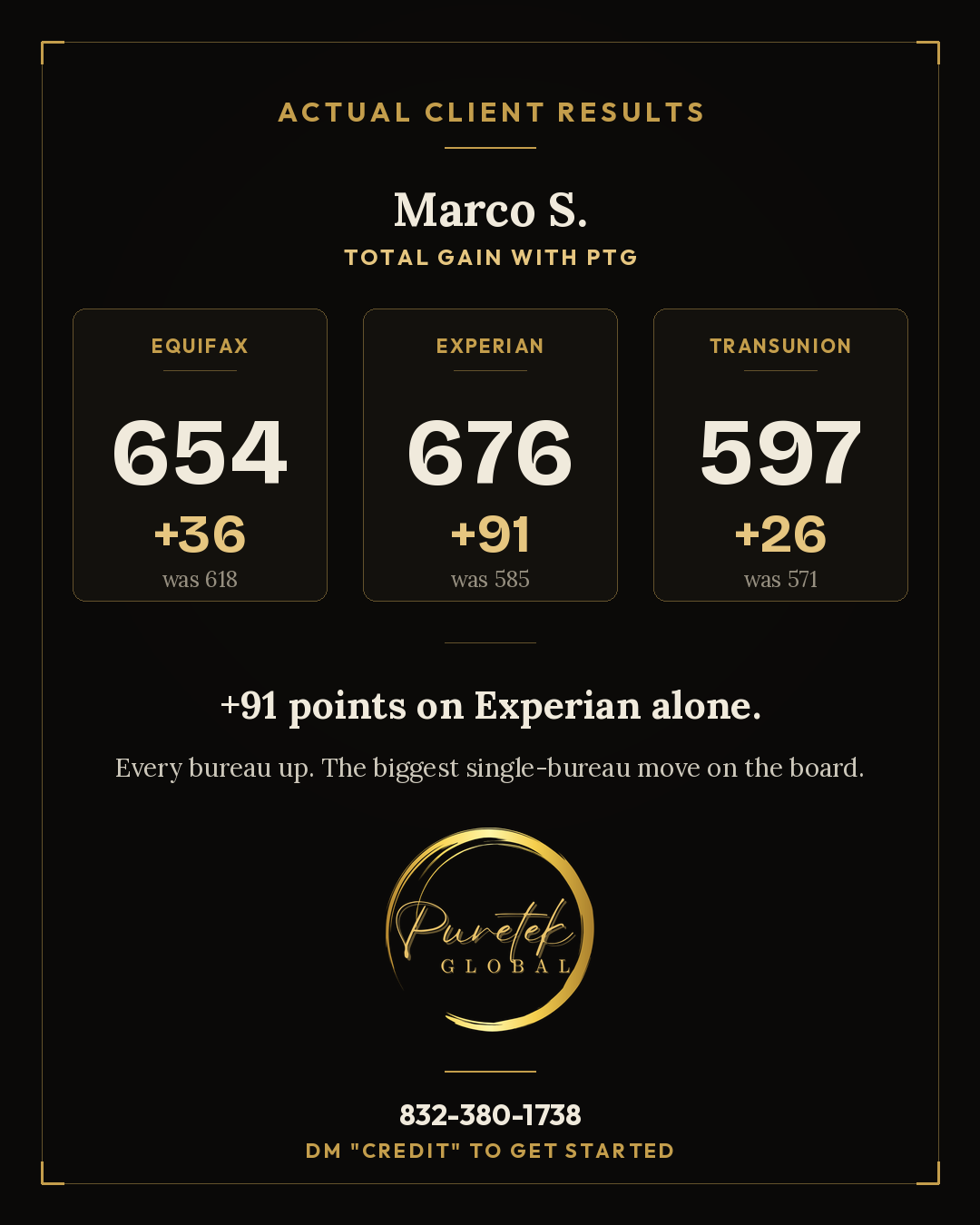 Marco S. results: +36 Equifax, +91 Experian, +26 TransUnion